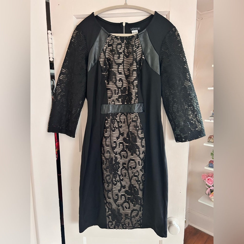 VENUS Black Lace Panel Bodycon Dress Faux Leather Trim 3/4 Sleeve | Size: L